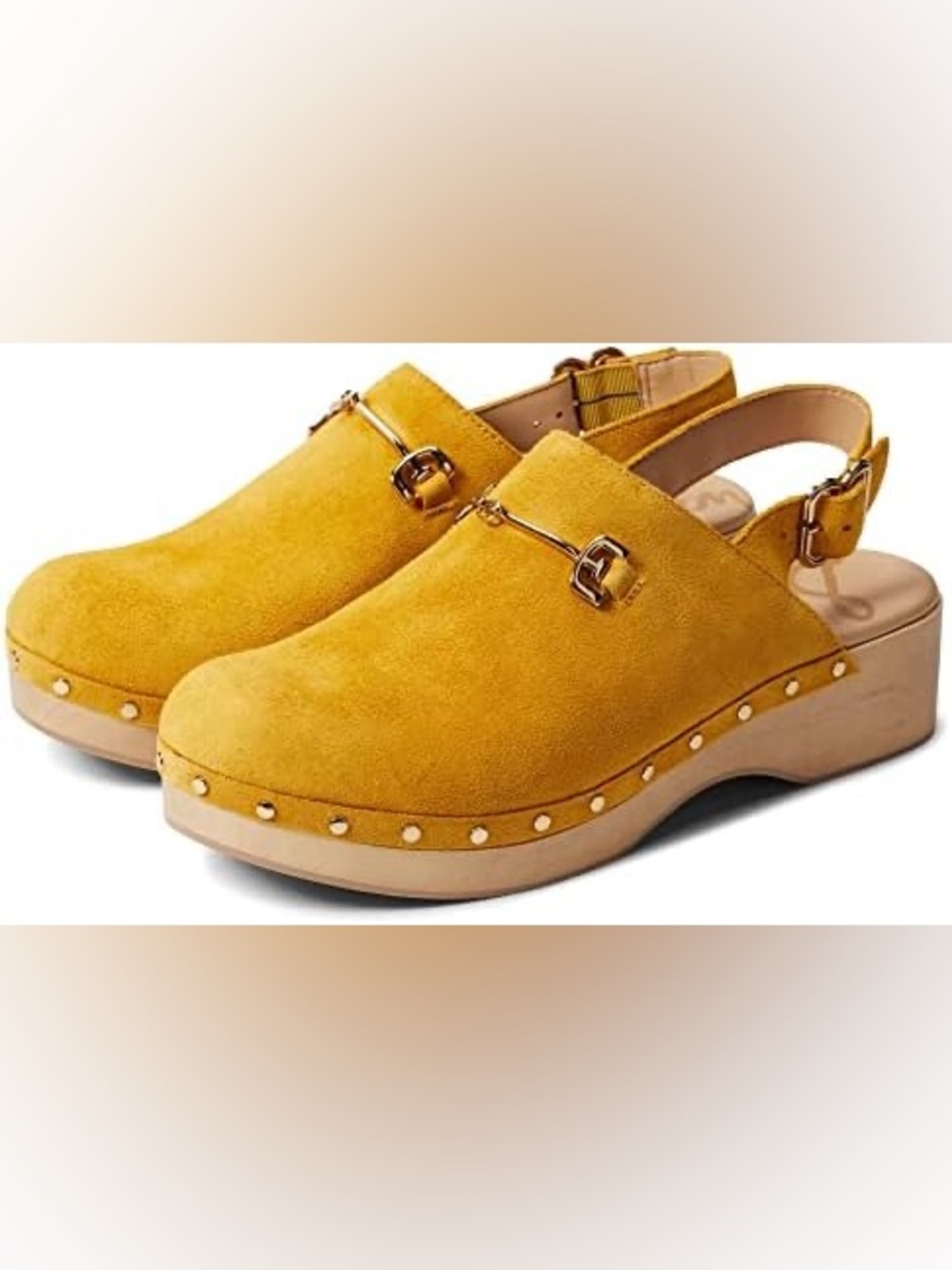 Sam Edelman’s Hilda Yellow, Suede Buckle Slingback Wood Horsebit Clogs and Studs